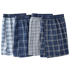 A set of four Hanes men's boxers in varying blue plaid and check patterns with elastic waistbands.