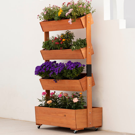 4-tier solid wood garden bed with planters, featuring vibrant flowers, on rolling wheels for mobility.