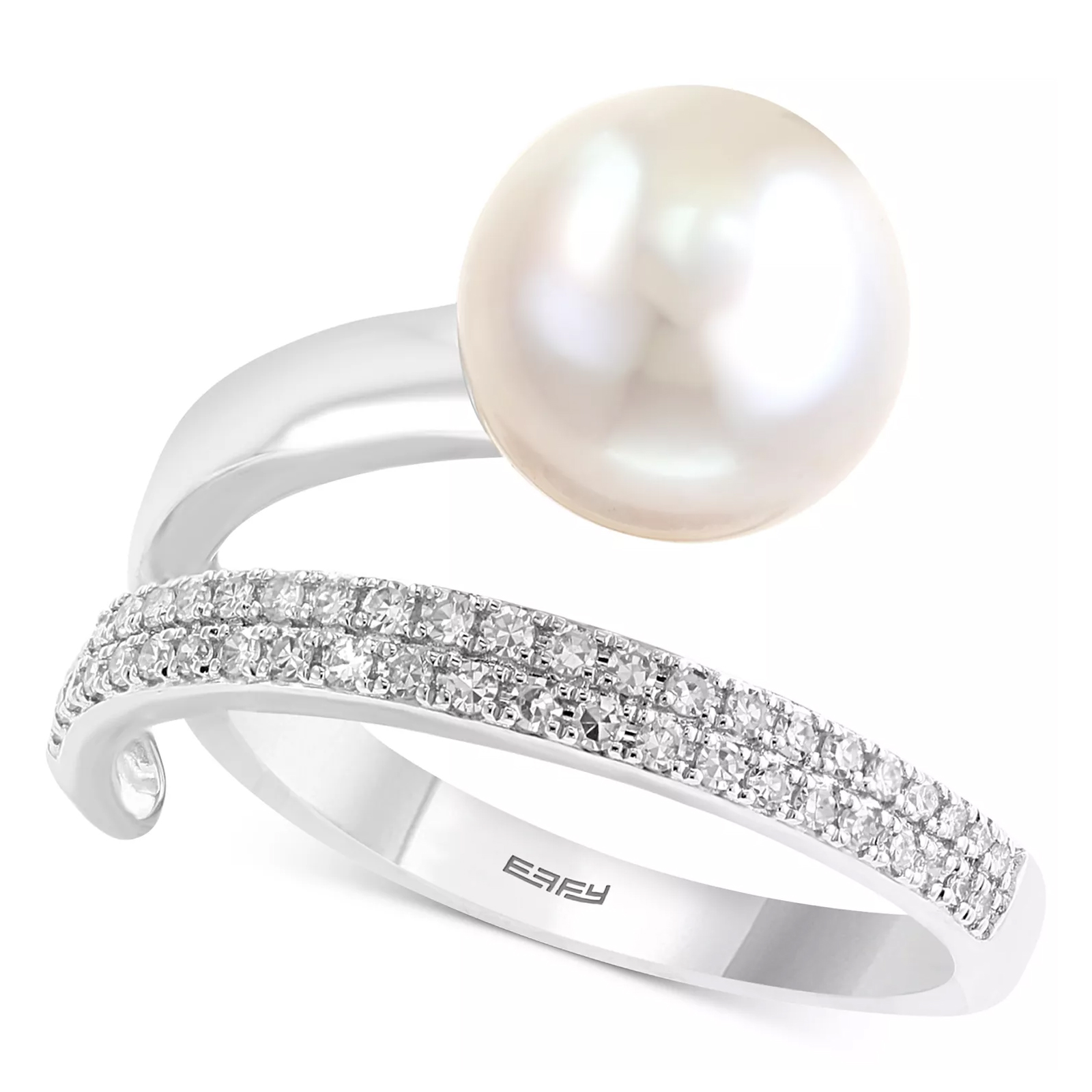 A stylish ring featuring a large pearl set on one end and a band lined with sparkling stones.