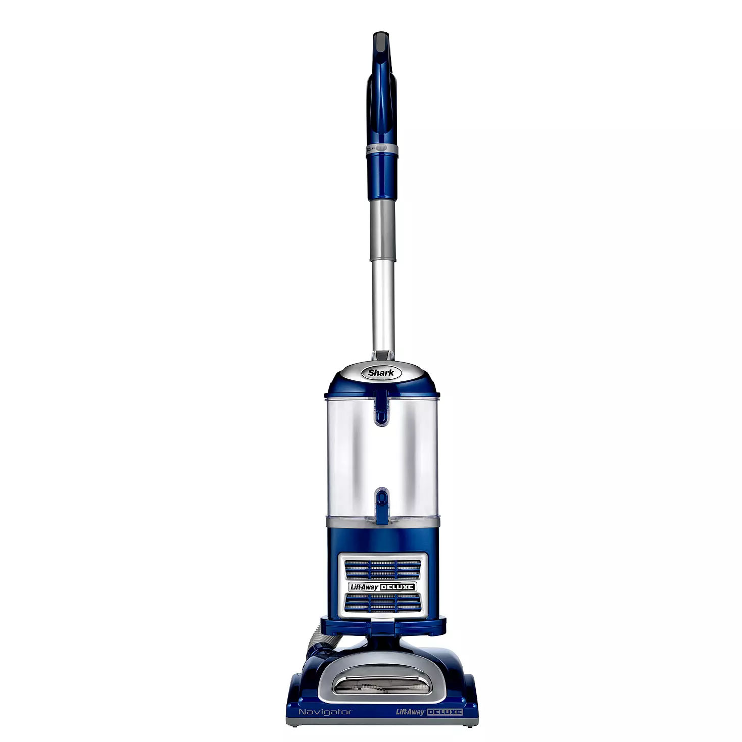 Upright Shark Navigator Lift-Away Deluxe vacuum cleaner with a blue and silver design.