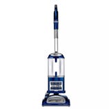 Upright Shark Navigator Lift-Away Deluxe vacuum cleaner with a blue and silver design.