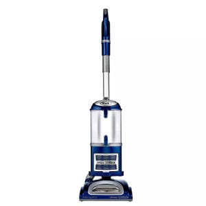 Upright Shark Navigator Lift-Away Deluxe vacuum cleaner with a blue and silver design.