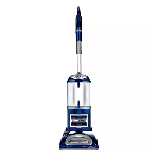 Upright Shark Navigator Lift-Away Deluxe vacuum cleaner with a blue and silver design.