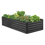 A black, rectangular, metal raised garden bed with various vegetables and flowers growing inside.