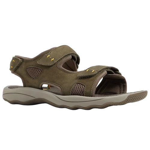 A brown open-toe sandal with adjustable straps, featuring mesh panels and a textured sole for comfort and traction.
