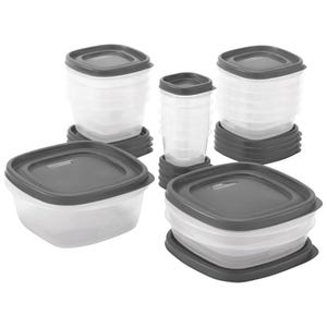 A set of stackable, clear plastic storage containers with gray lids in various sizes for organizing or storing food.
