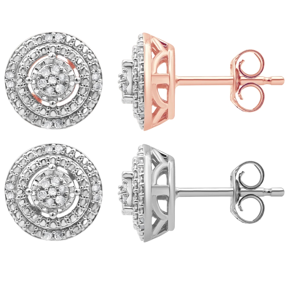 Round-cut diamond stud earrings with two designs: one with a rose gold setting and another with a silver setting. Each earring features multiple diamond clusters in a concentric circle pattern, and a secure post-and-friction back closure.