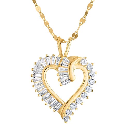 A heart-shaped pendant with alternating gold and diamond patterns hangs from a textured gold chain.