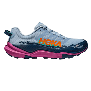 HOKA trail running shoe with a light blue upper, dark blue and pink midsole, and orange and teal logo detailing.