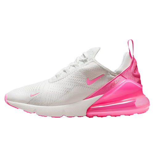 A white and pink athletic shoe featuring a sleek design with a visible air cushion in the heel and pink accents on the sole and logo.