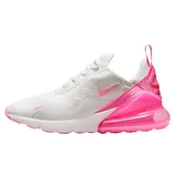 A white and pink athletic shoe featuring a sleek design with a visible air cushion in the heel and pink accents on the sole and logo.