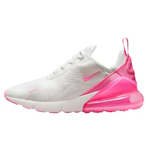 A white and pink athletic shoe featuring a sleek design with a visible air cushion in the heel and pink accents on the sole and logo.
