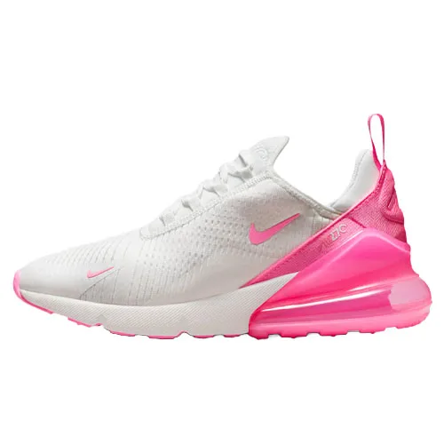 A white and pink athletic shoe featuring a sleek design with a visible air cushion in the heel and pink accents on the sole and logo.