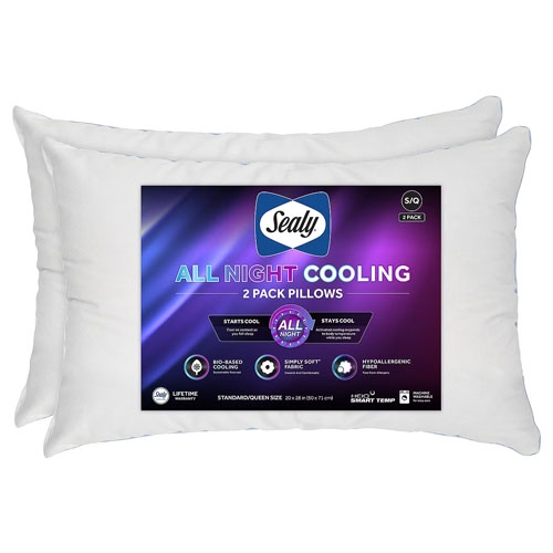 A pack of two Sealy branded cooling pillows with the features of being iso-pedic, refreshingly soft, and hypoallergenic.