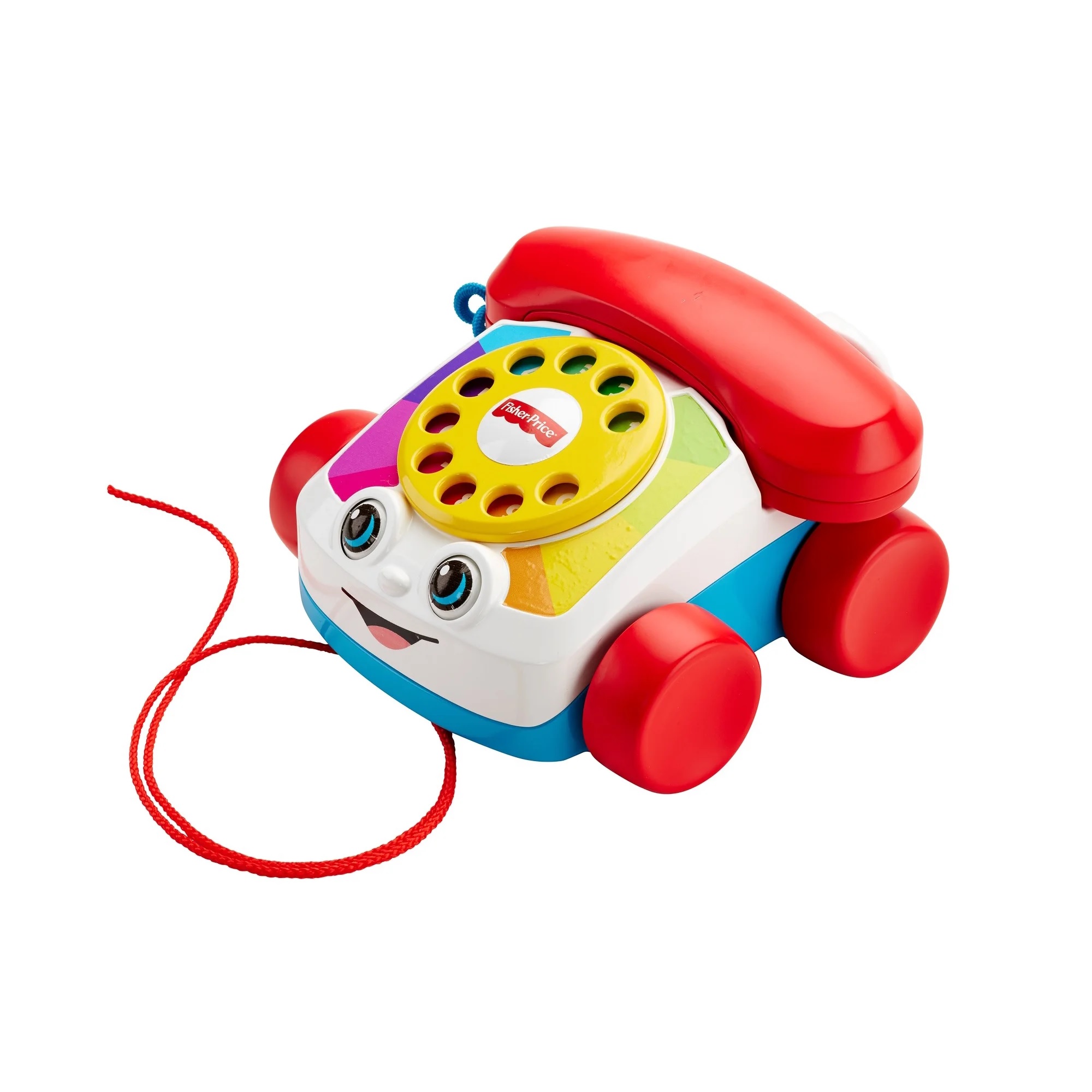 A colorful toy telephone with a smiling face, red handset, and wheels. It features a yellow rotary dial and a red pull cord, designed by Fisher-Price.