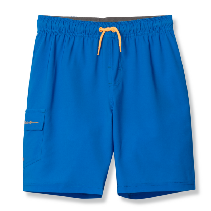 Blue swim shorts with an elastic waistband and contrasting orange drawstring. Features a side pocket with a flap.