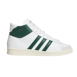 White and green Adidas high-top sneakers with three green stripes on the side and a cream-colored sole.