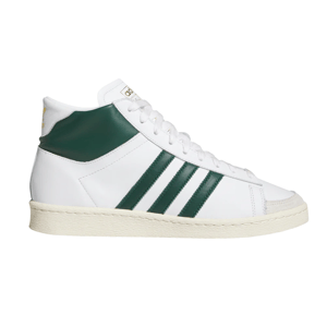 White and green Adidas high-top sneakers with three green stripes on the side and a cream-colored sole.