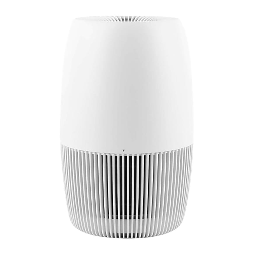 Arm & Hammer HEPA Air Purifier features a sleek, cylindrical design with a white finish and vertical slats at the bottom for air intake. It uses HEPA filtration to help remove airborne particles and improve air quality.