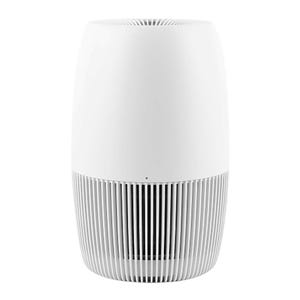 Arm & Hammer HEPA Air Purifier features a sleek, cylindrical design with a white finish and vertical slats at the bottom for air intake. It uses HEPA filtration to help remove airborne particles and improve air quality.