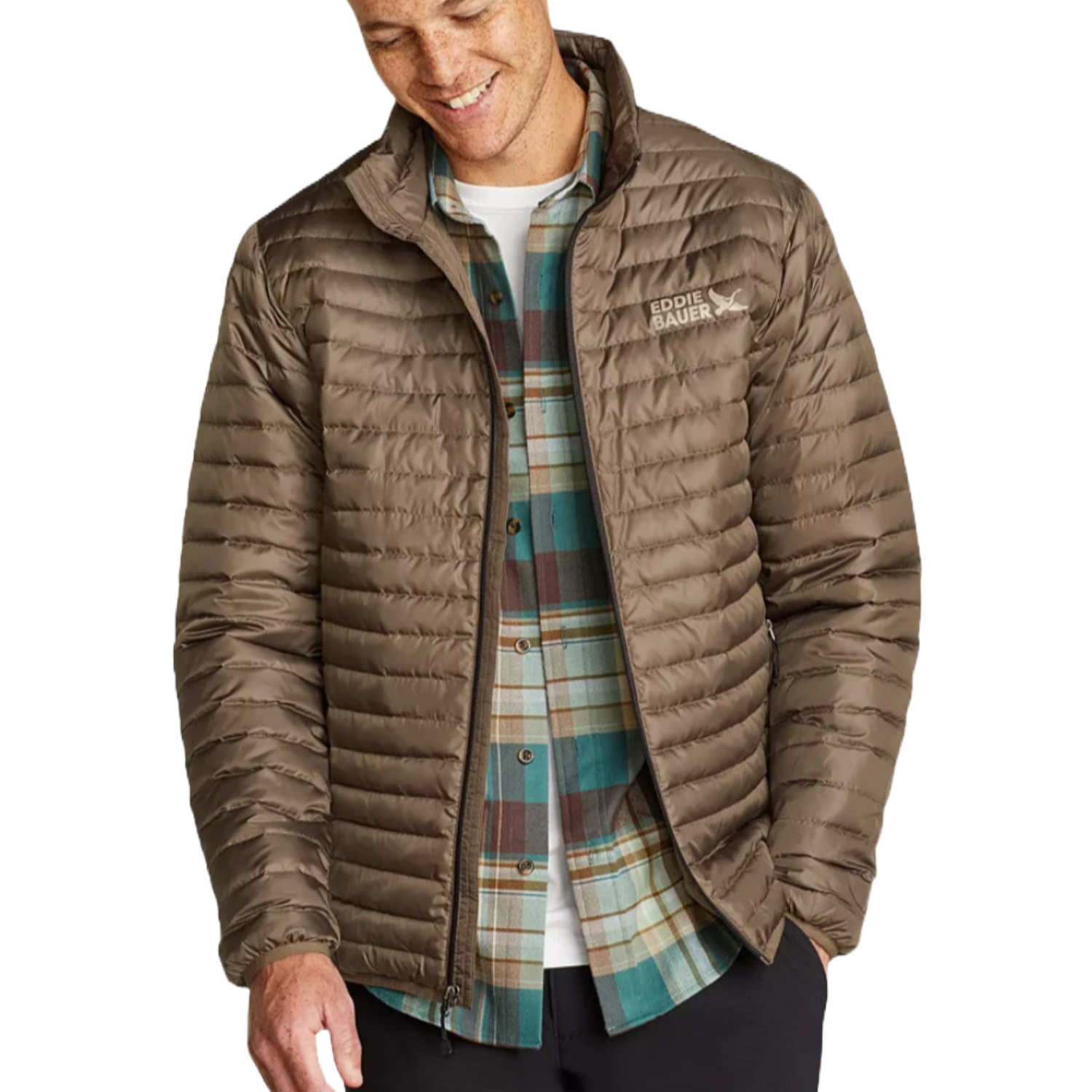 A man is wearing a brown Eddie Bauer quilted jacket over a blue and beige plaid shirt.