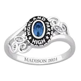 Highland Park High class ring featuring a blue gemstone, ornate side designs, and the engraved name \“Madison\“ with the year \“2024\“.