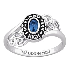Highland Park High class ring featuring a blue gemstone, ornate side designs, and the engraved name \“Madison\“ with the year \“2024\“.