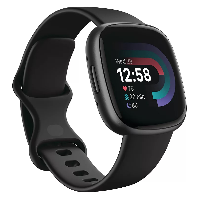 A black smartwatch with a rectangular display shows time, heart rate, exercise minutes, and sleep score. Its sleek design includes a side button and adjustable silicone band.