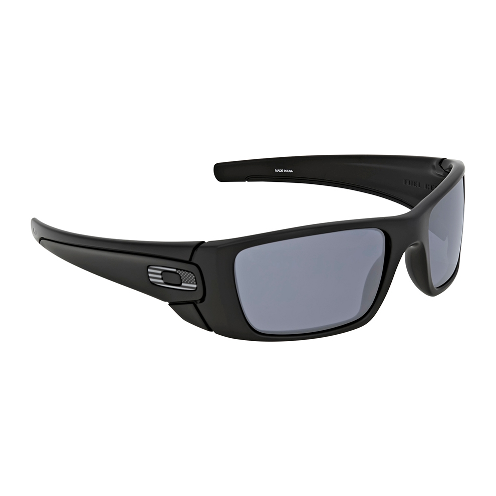 A pair of black wraparound sunglasses with a rectangular frame and grey lenses.