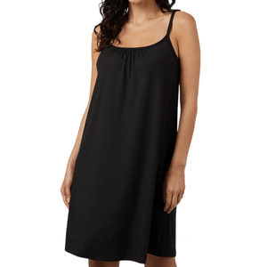 A woman is wearing a simple black sleeveless dress with narrow straps and a loose fit, suitable for casual or beachwear.