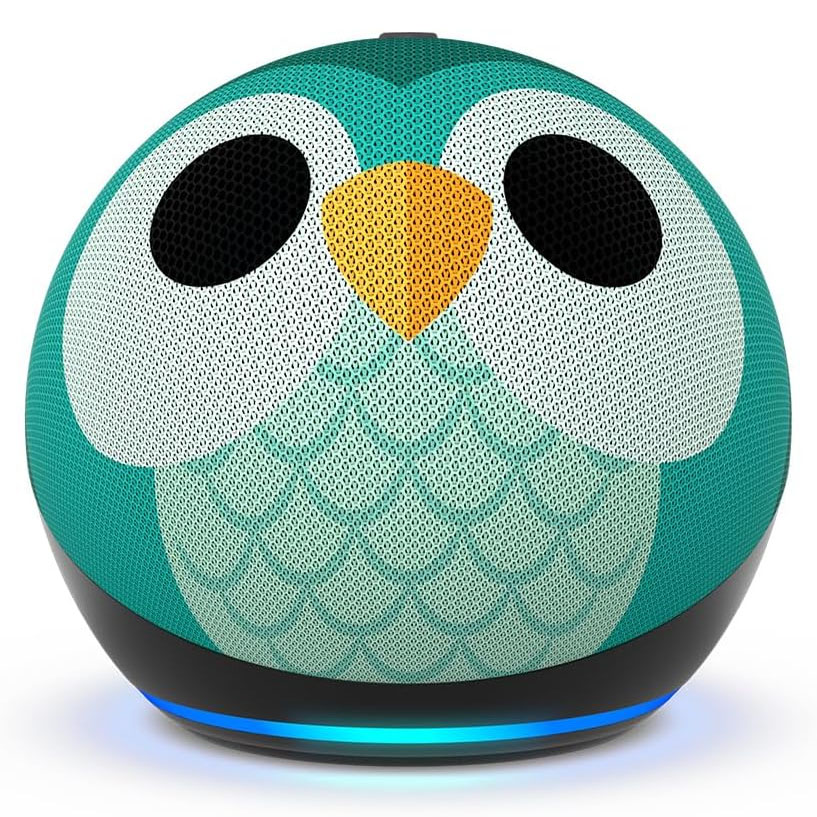 An Amazon Echo Dot for Kids smart speaker designed with a cartoonish teal owl face on its fabric-covered surface, featuring large eyes and a beak.