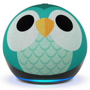 An Amazon Echo Dot for Kids smart speaker designed with a cartoonish teal owl face on its fabric-covered surface, featuring large eyes and a beak.