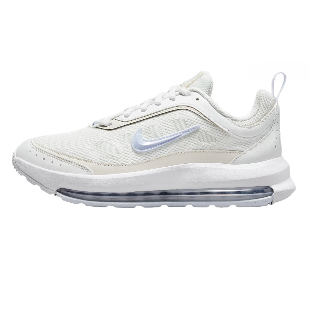 The Nike Air Max AP Shoes feature a sleek design with a white mesh upper, complemented by a visible Air unit in the sole for cushioning and a light blue Nike swoosh.