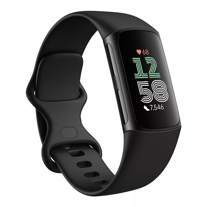 A black Fitbit Charge 6 smartwatch with a sleek design featuring a rectangular display showing the time, heart rate, and step count. The watch has a comfortable rubber strap and a single button on the side.