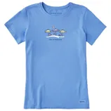 Light blue T-shirt featuring a graphic of beach chairs and umbrellas with the phrase \“Social Network.\“ Brand name \“Life is Good\“ is printed at the top.