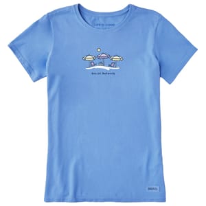 Light blue T-shirt featuring a graphic of beach chairs and umbrellas with the phrase \“Social Network.\“ Brand name \“Life is Good\“ is printed at the top.