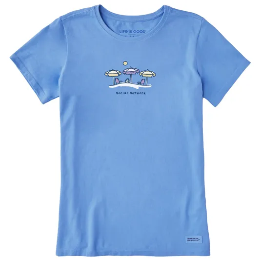Light blue T-shirt featuring a graphic of beach chairs and umbrellas with the phrase \“Social Network.\“ Brand name \“Life is Good\“ is printed at the top.