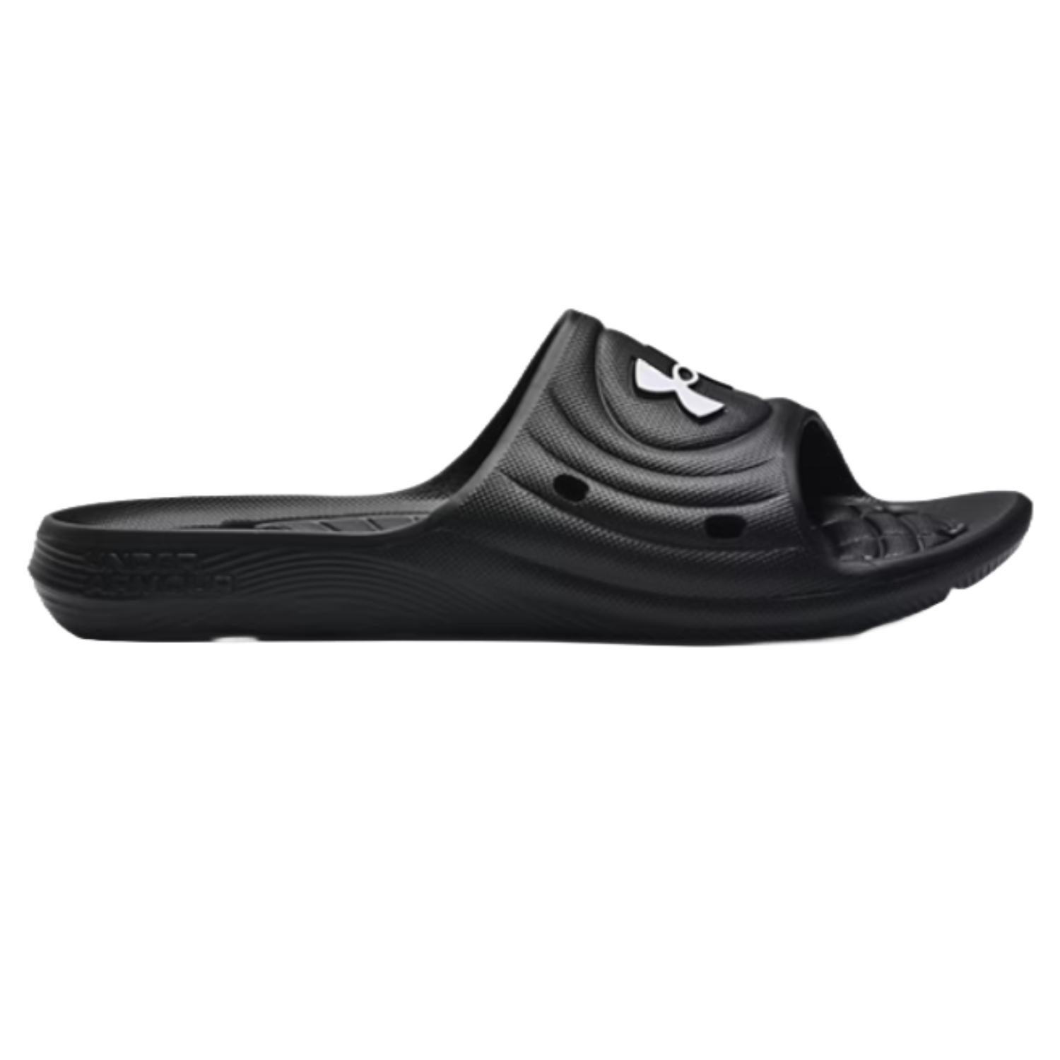 Under Armour Men's Locker Slides feature a black color, with a textured footbed and perforated design for quick-drying. The slide has a logo on the strap and an ergonomic shape for comfort.
