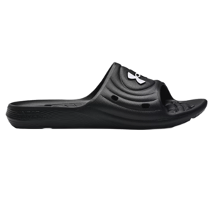 Under Armour Men's Locker Slides feature a black color, with a textured footbed and perforated design for quick-drying. The slide has a logo on the strap and an ergonomic shape for comfort.
