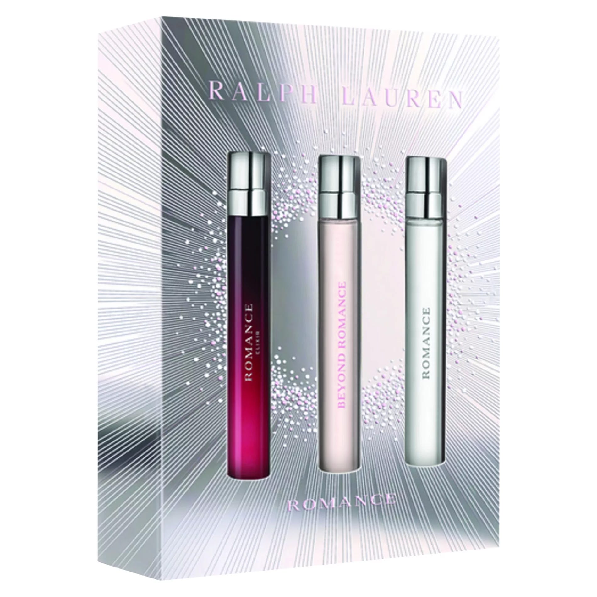 Ralph Lauren gift set featuring three perfumes: \“Midnight Romance,\“ \“Beyond Romance,\“ and \“Romance,\“ each in sleek cylindrical bottles with silver caps.