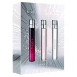Ralph Lauren gift set featuring three perfumes: \“Midnight Romance,\“ \“Beyond Romance,\“ and \“Romance,\“ each in sleek cylindrical bottles with silver caps.