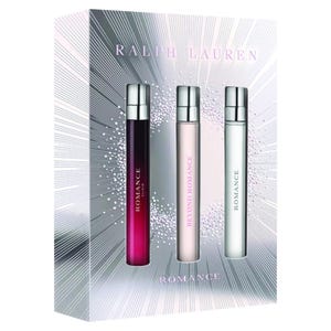 Ralph Lauren gift set featuring three perfumes: \“Midnight Romance,\“ \“Beyond Romance,\“ and \“Romance,\“ each in sleek cylindrical bottles with silver caps.