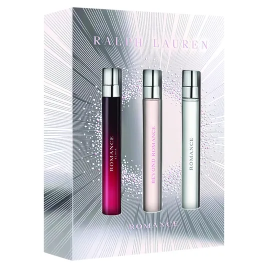 Ralph Lauren gift set featuring three perfumes: \“Midnight Romance,\“ \“Beyond Romance,\“ and \“Romance,\“ each in sleek cylindrical bottles with silver caps.