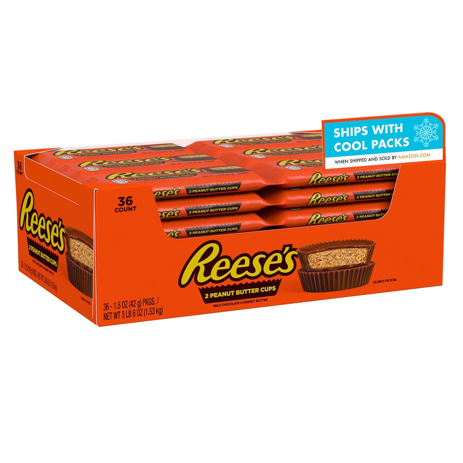 Reese's Peanut Butter Cups, 36-count box, 1.5 oz (42 g) each, total weight 3.4 lb (1.53 kg), ships with cool packs when sold by Amazon.