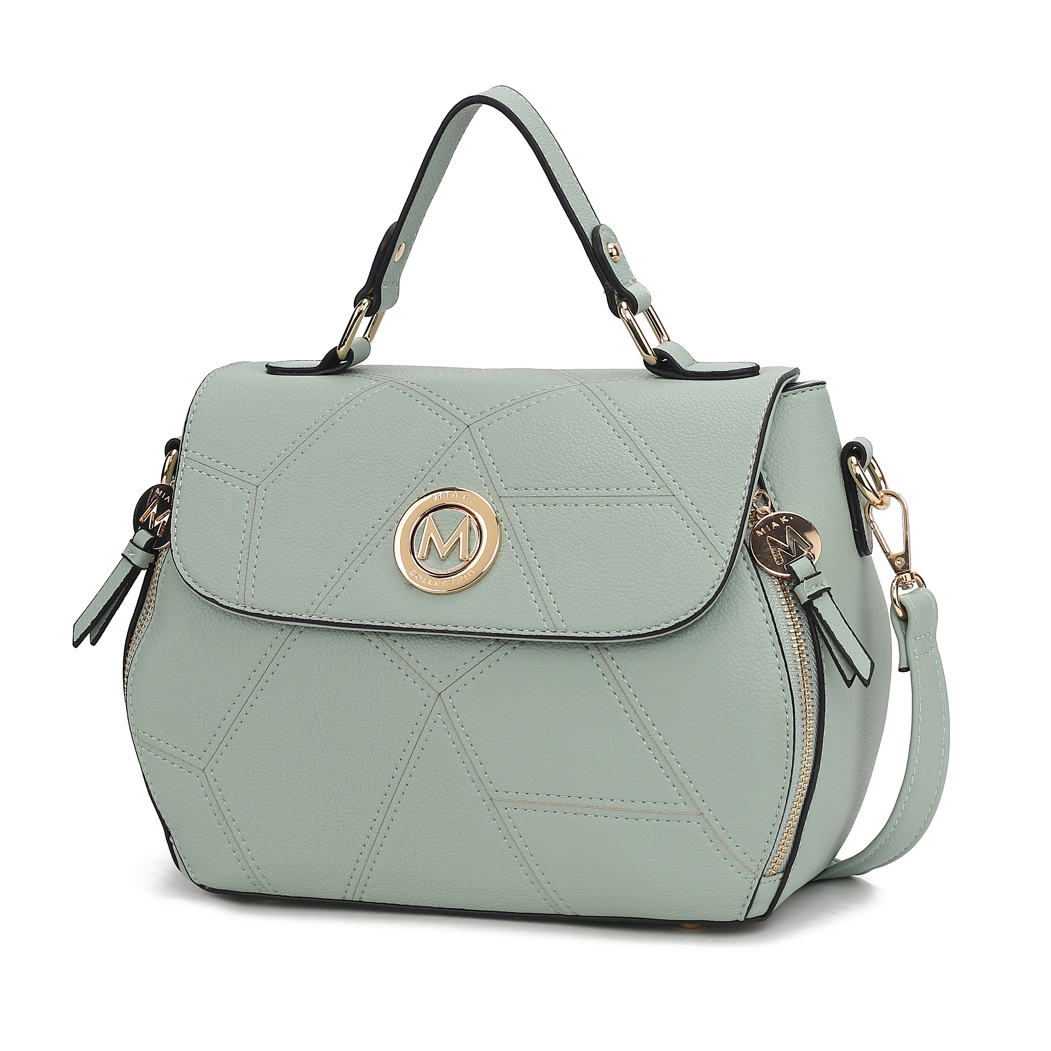 Mint green handbag with top handle, gold-tone accents, and a quilted geometric pattern, featuring a front flap with an \“M\“ logo and detachable shoulder strap.