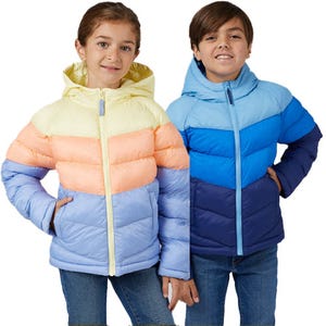 Two children wearing colorful puffer jackets; one is pastel gradient and the other is blue gradient.