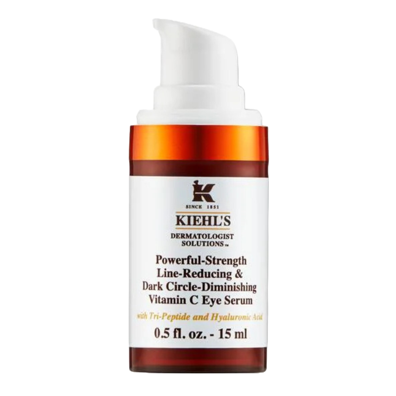 Kiehl's Dermatologist Solutions Powerful-Strength Line-Reducing & Dark Circle-Diminishing Vitamin C Eye Serum, 0.5 fl. oz. (15 ml), features Tri-Peptide and Hyaluronic Acid.