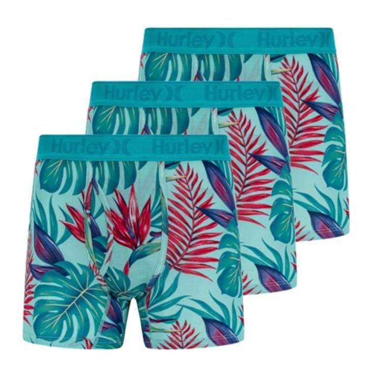 3-pack Hurley modal boxers featuring a tropical leaf and plant pattern with blue, red, and green colors on a light teal background. They have a teal waistband with the Hurley logo.