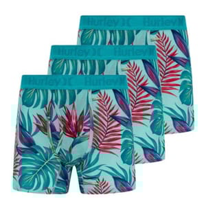3-pack Hurley modal boxers featuring a tropical leaf and plant pattern with blue, red, and green colors on a light teal background. They have a teal waistband with the Hurley logo.