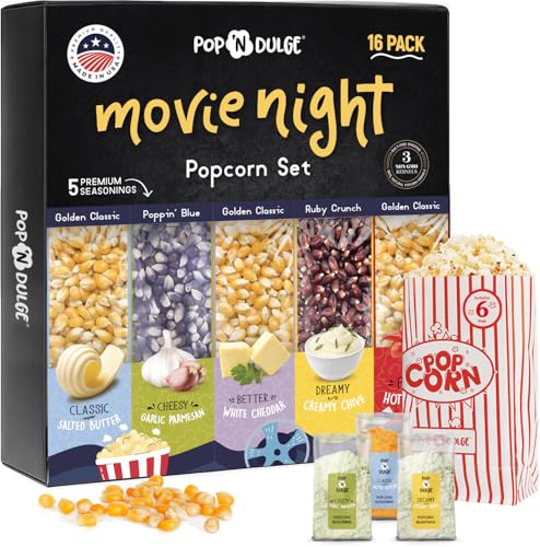 Pop 'N Dulge Movie Night Popcorn Set includes 16 packs with 5 popcorn varieties and 5 seasonings: Classic Salted Butter, Cheesy Garlic Parmesan, Better White Cheddar, Dreamy Creamy Chive.